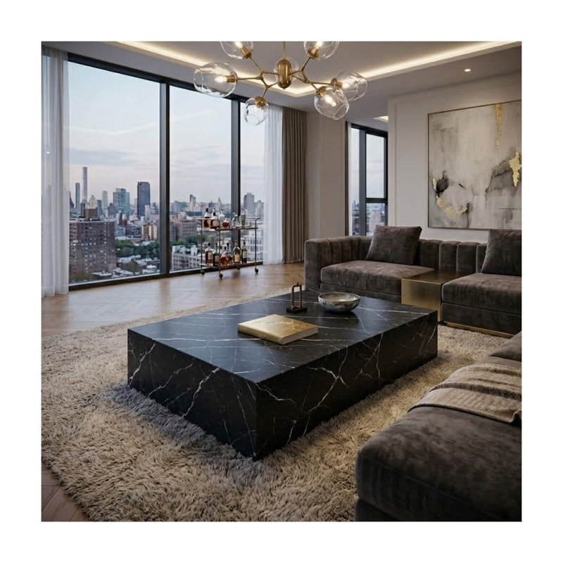Genuine Marble Block Coffee Table - Nero Black Marble, 54" Extra Large