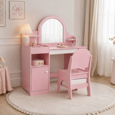 Kids Vanity Desk, Dressing Table and Chair Set with LED Lighted Mirror, Pink Makeup Desk with Drawer and Shelves