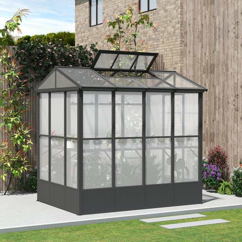 Outdoor Aluminum Frame Greenhouse with Automatic Vent and Polycarbonate Panels, 93.84" H x 96" W x 79.20" D