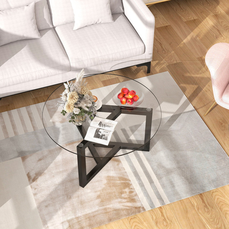 ON-TREND Round Glass Coffee Table Modern Cocktail Table Easy Assembly With Tempered Glass Top & Sturdy Wood Base (Black)