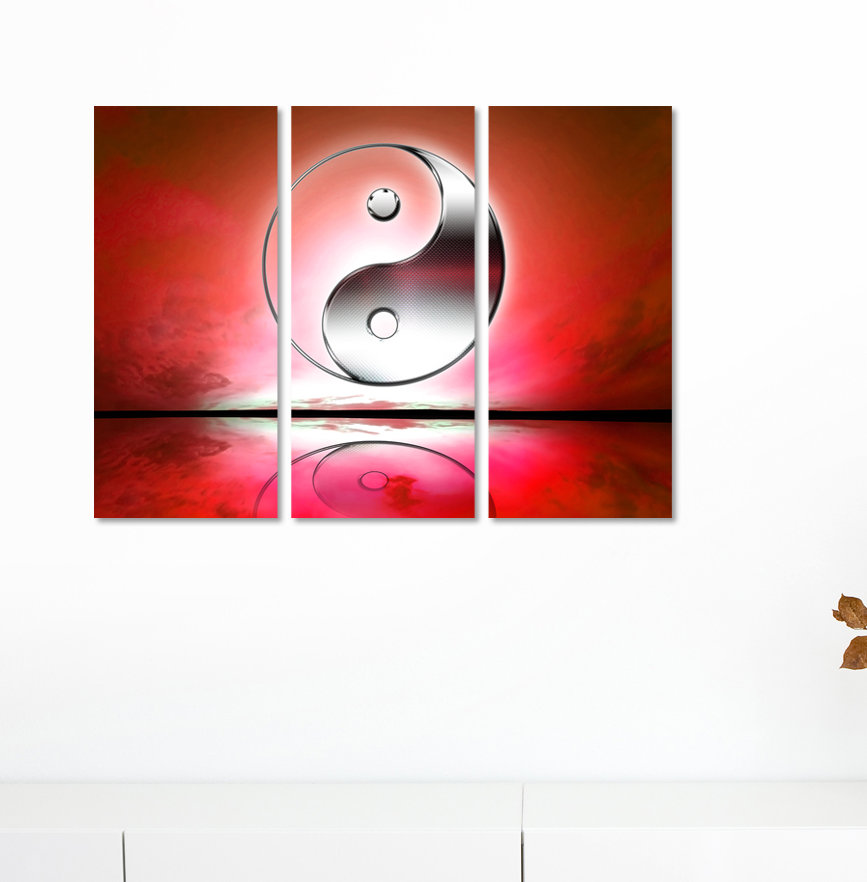 3-tlg. Leinwandbilder-Set Yin und Yang Zeichen mit rotem Hintergrund