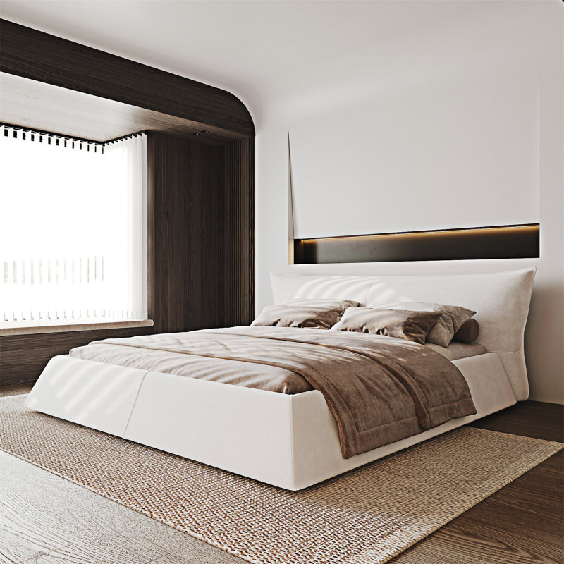 Upholstered Platm Bed, Beige/White, King