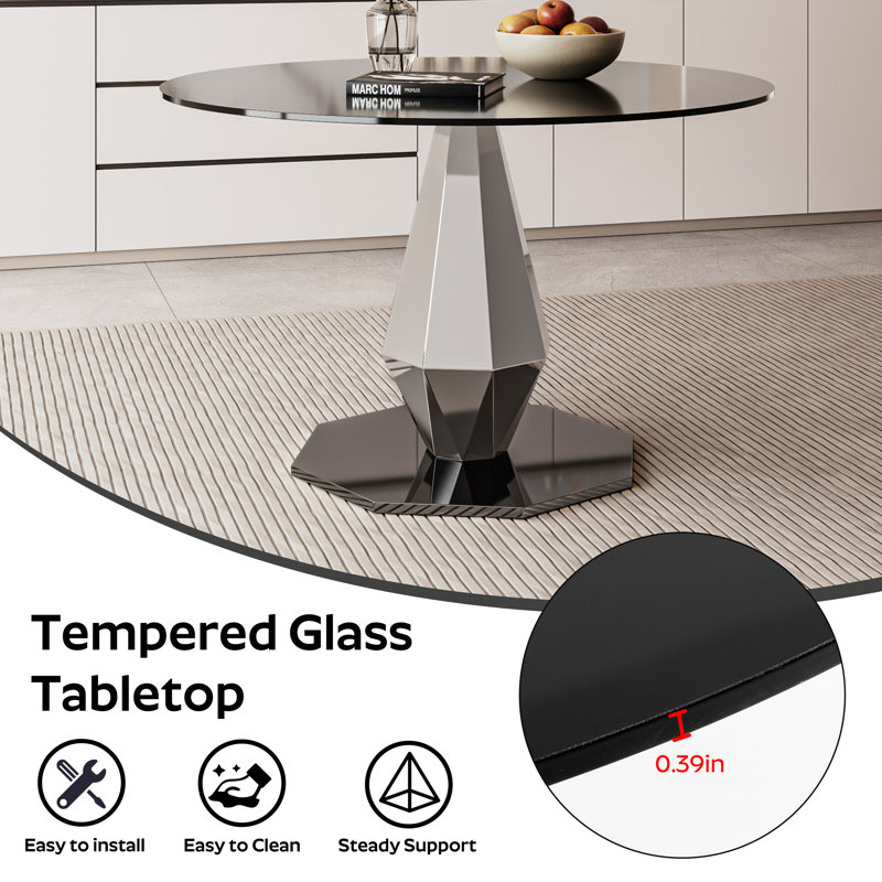 Round Pedestal Tempered Glass Dining Table, 29.50"H x 47"L x 47"W, Silver