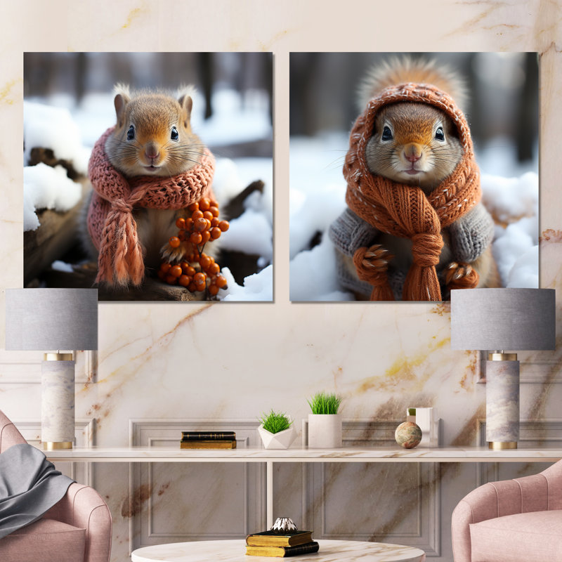 «Dressed Squirrel In Morning Snow I», ensemble de 2 reproductions d'art sur toile écureuil, Toile tendue