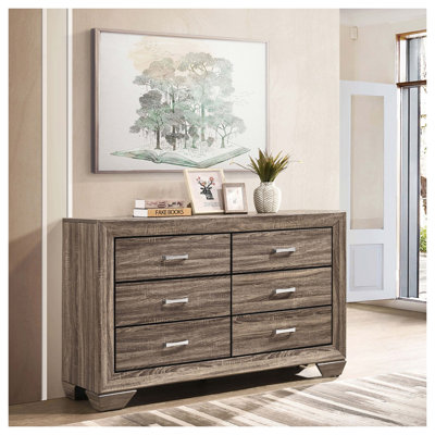Commode Harrison à 6 tiroirs couleur taupe délavé - Meuble de rangement pour chambre en bois d'ingénierie avec pattes modernes du milieu du siècle et poignées métalliques