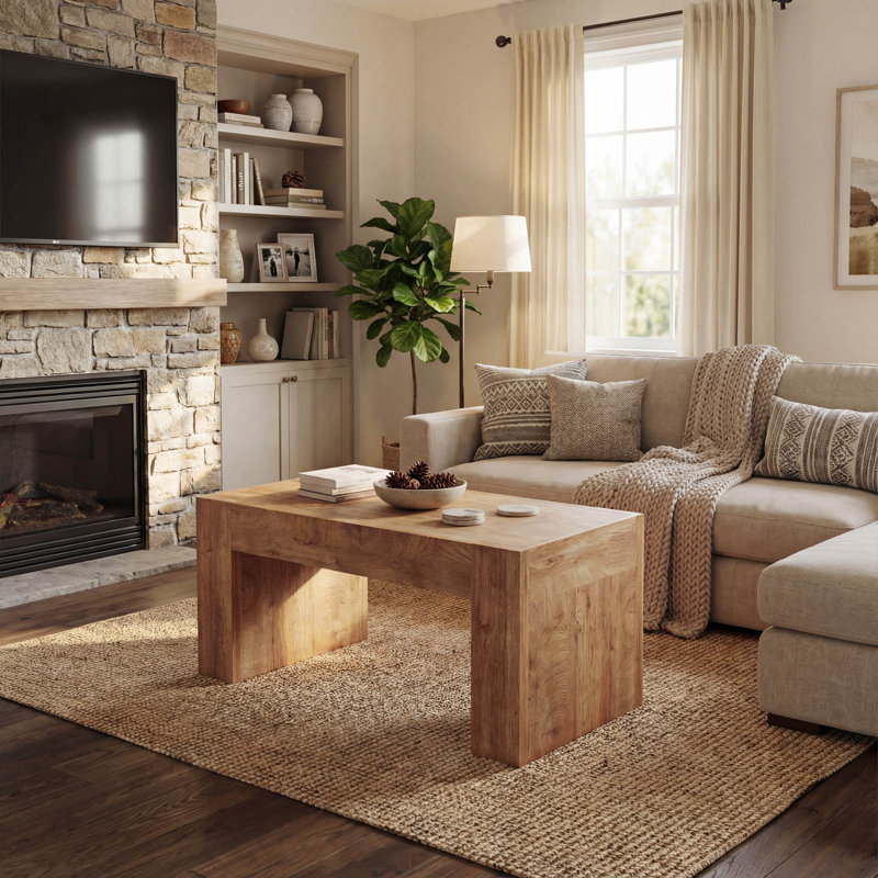 48 Inch Farmhouse Rectangle Coffee Table with Hidden Storage Drawer in Natural Wood Color