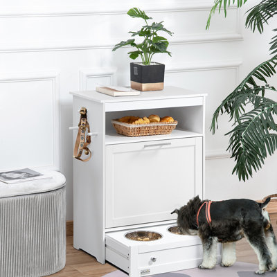 Armoire blanche pour animaux, contenant pour nourriture pour chien avec bols surélevés et cintre, rangement polyvalent: armoire pratique