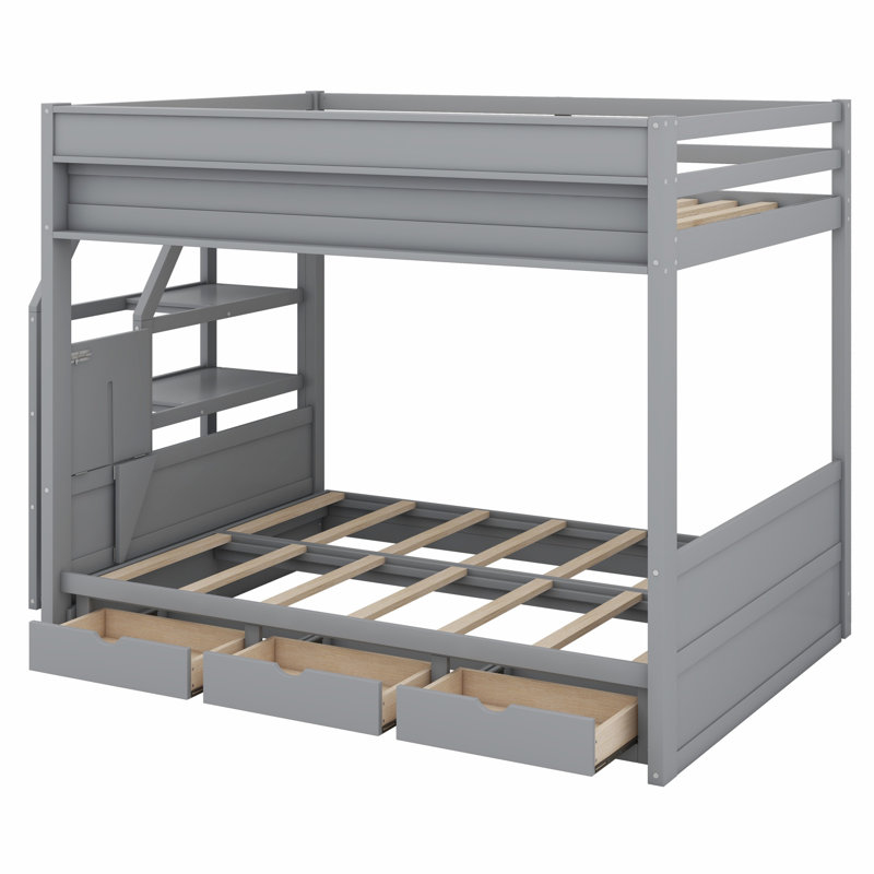 Wood Bunk Bed With Storage Staircase, Bedside Table, And 3 Drawers, Gray