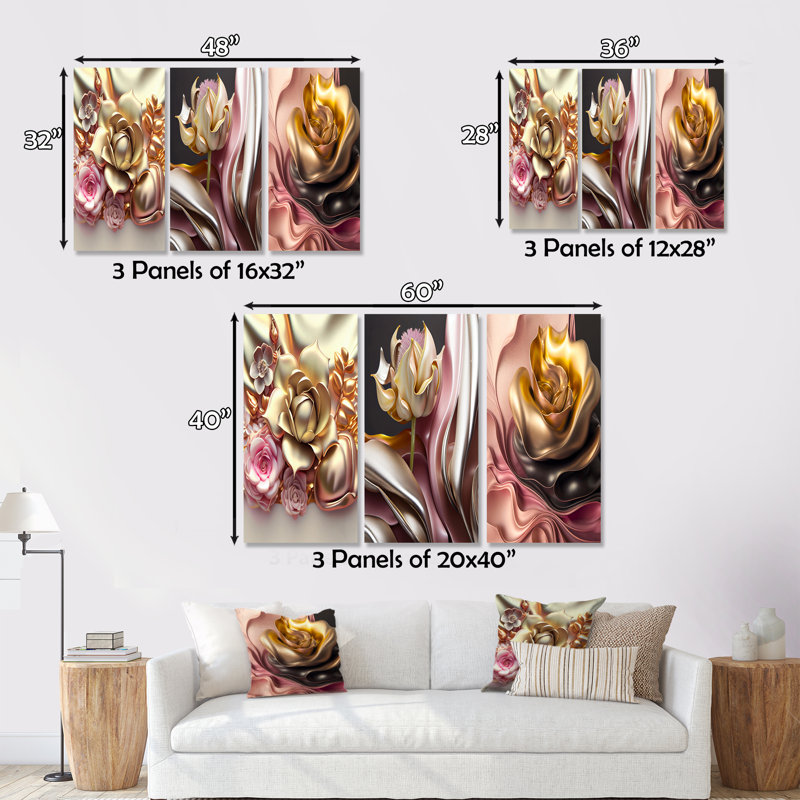 Liquide or et fleurs modernes roses IV - ensemble de 3 impressions sur toile tendue, H 40 po x l 60 po x P 1 po