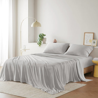 Drap en tricot de coton double - toutes saisons respirant plus, 50%, convient à un matelas jusqu'à 16 po, 1 drap plat, 2 taies d'oreiller ajustées, lavable à la machine, lit gris luxueux et confortable