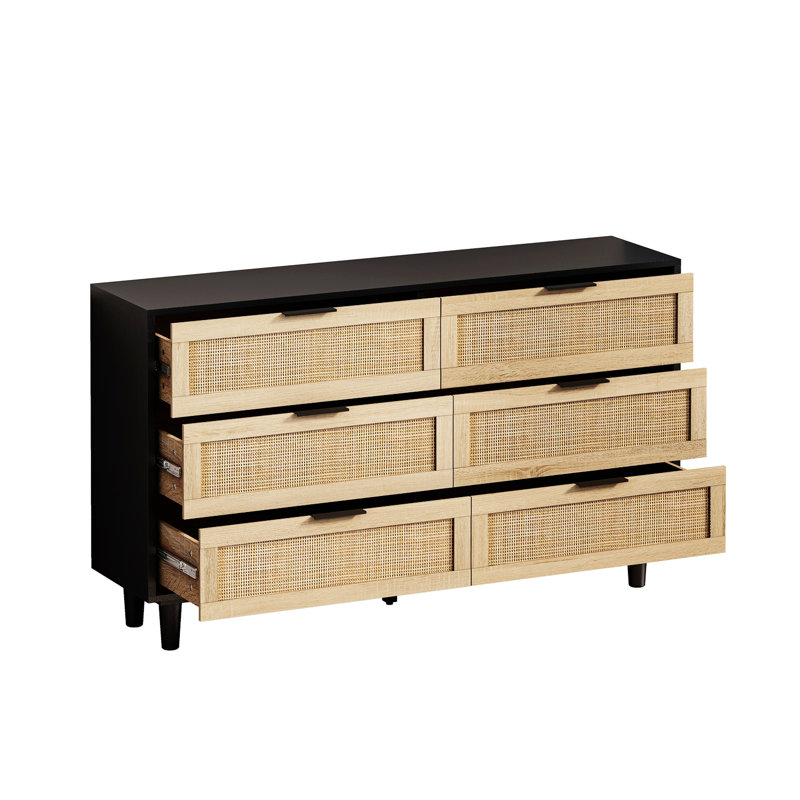 6-Drawers Rattan Storage Cabinet, 29.58" H x 51.23" W x 15.8" D, White