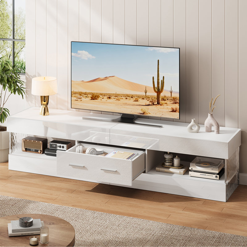 Modern Tv Stand For Tvs Up To 70" With Led And Drawer, 40cm H x 170.2cm W x 35cm D, White