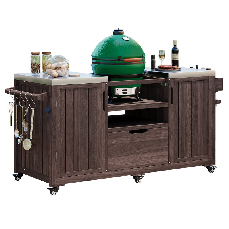 Outdoor Kitchen Island, Solid Rolling Bar Cart with Stainless Steel Top & Storage Cabinet Drawer for Large Big Green Egg, Kamado Joe