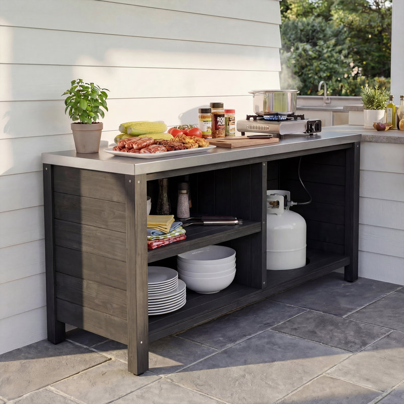 Station de barbecue d'extérieur en bois de cèdre massif avec plateau en acier inoxydable, table de préparation pour barbecue de patio résistant aux intempéries