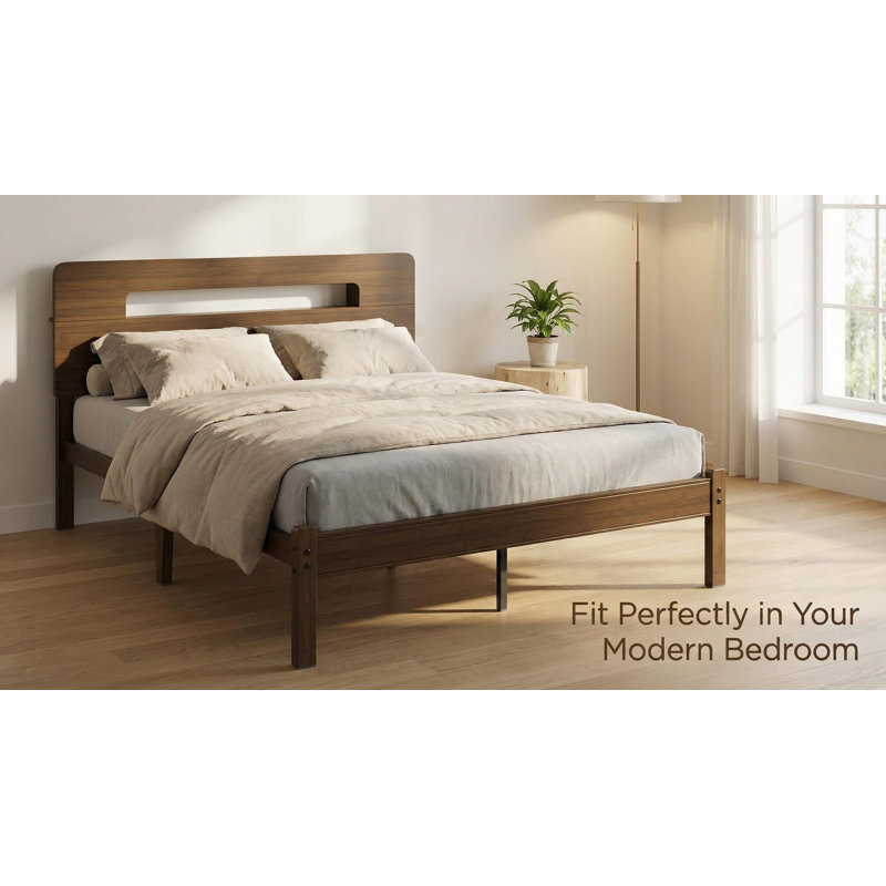 Gerrita Solid Bamboo and Metal Platform Bed with Integrated Headboard, Full, Brown