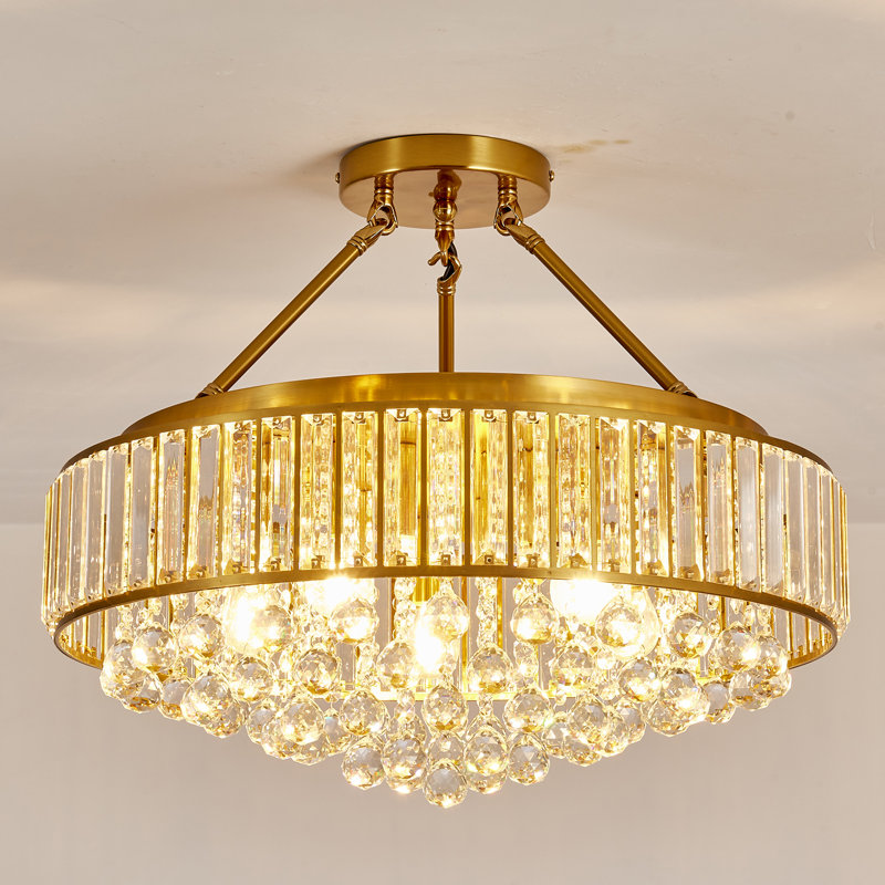 6-Light 22.05"Chandelier Style Drum Semi Flush Mount with Crystal Accents, Gold