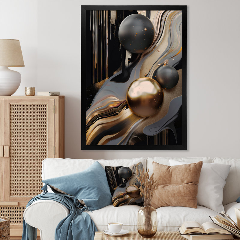 Or et marbre noir mirage I - art mural abstrait en marbre, H 40 po x l 30 po x P 1,5 po, Impression noire sur toile encadrée