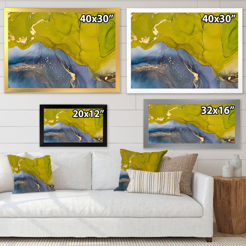 «Green and Blue Luxury Abstract Fluid Art», peinture sur toile, H 12 po x l 20 po, Cadre d'angle fermé noir