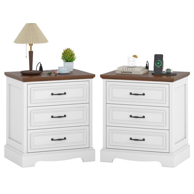Farmhouse Nightstand with Charging Station, Wide End Table with 3 Large Drawer for Bedroom Modern Bedside Table Storage Cabinet,Wood Small Dresser Drawer Chest for Living Room, Closet,Hallway, Office Entryway, White Brown