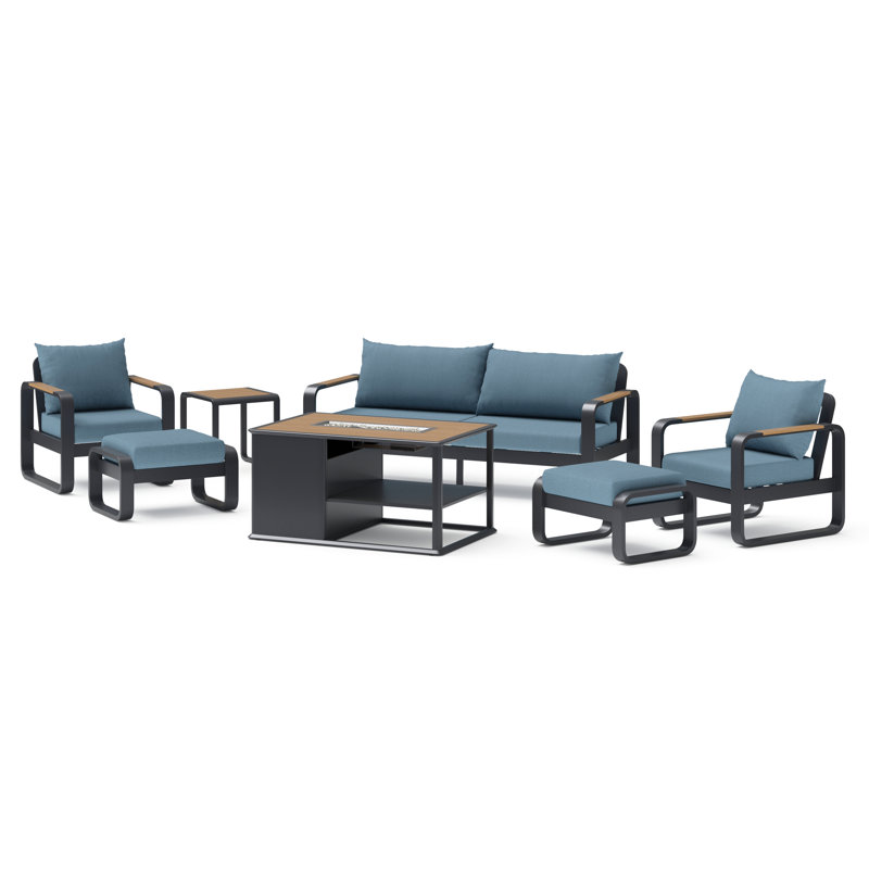 Andes 7-Piece Sunbrella® Outdoor Patio Fire Seating Set - Canvas Denim, Canvas Denim