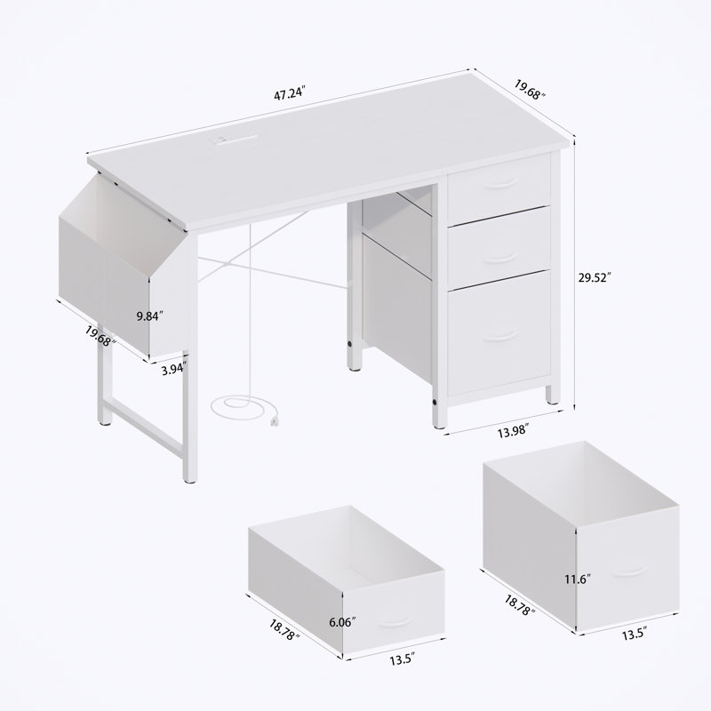 47"Office Desk With Power Outlet,3 Drawers,Side Pocket, Study Desk Easy To Assemble,Frame Stability Reversible For Home Desk, Company Computer Desk, Game Table,Vanity Table,