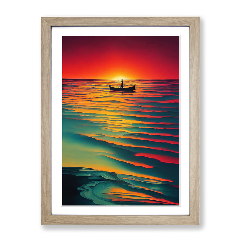 Boat And The Ocean Sunset - Print, Oak Framed, 66cm H x 48cm W x 2cm D, White