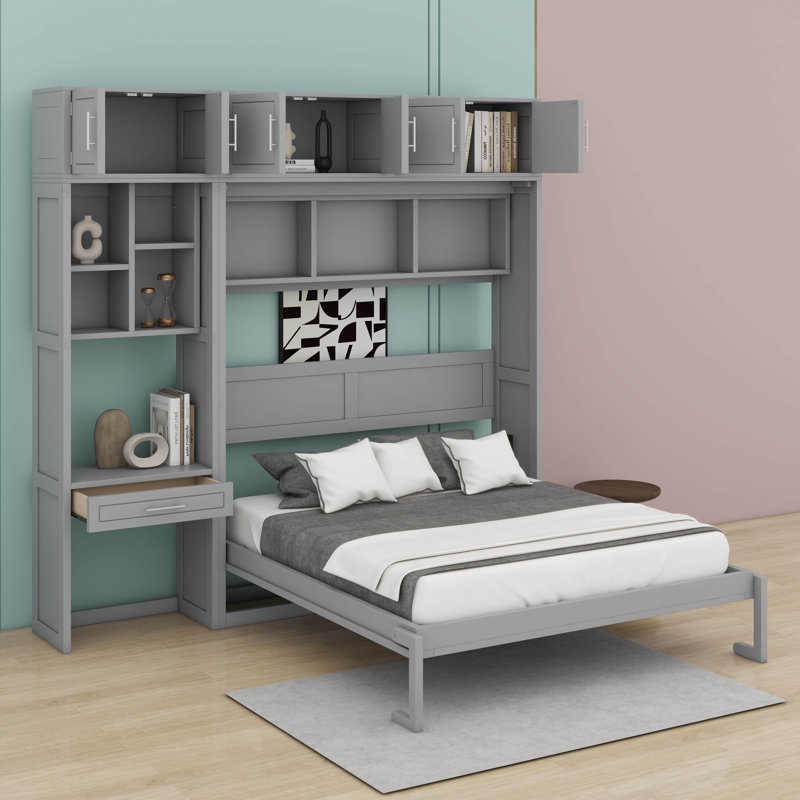Grand lit escamotable mural avec bureau, armoire supérieure et tablettes, Grand , gris 