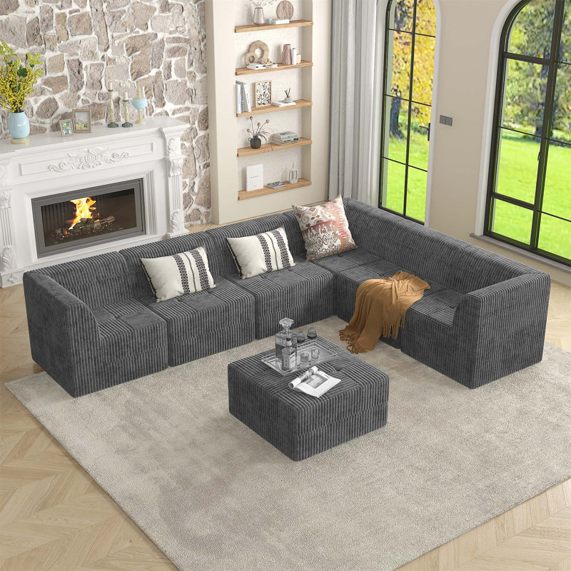 Canapé modulaire Boneless Vasya, Velours côtelé gris, H 29,92 po x l 130,32 po x P 97,25 po