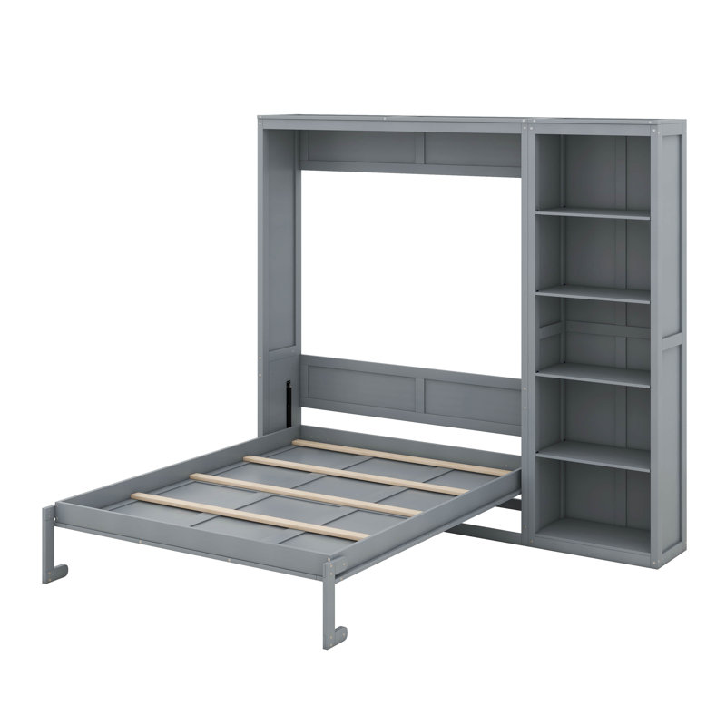 Queen Size Modern Murphy Bed, Space-Saving Wall Bed Frame With Shelves, Foldable Platform Bed, Folded Into Cabinet