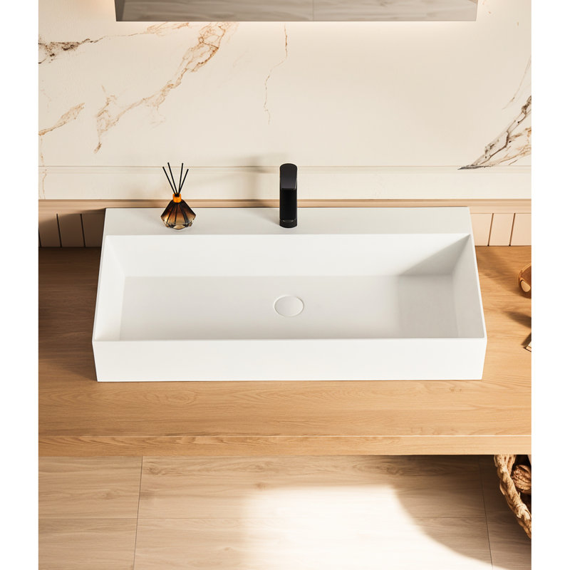 Évier vasque rectangulaire à surface solide blanche matte 36 "x 18" avec trou pour robinet. Salle de bain spacieuse pour des conceptions de salle de bain contemporaines. Qualité de fabrication. Matériel d'installation simple. Offert