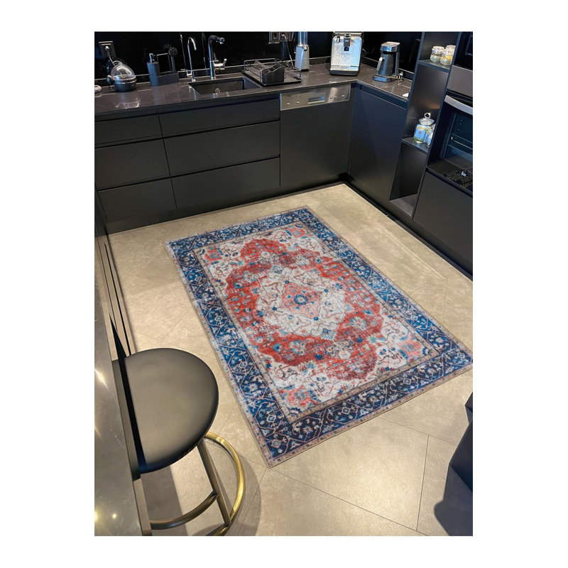 Tapis décoratif bleu lavable traditionnel, Sous-tapis rectangulaire de 3 pi 3 po x 4 pi 11 po