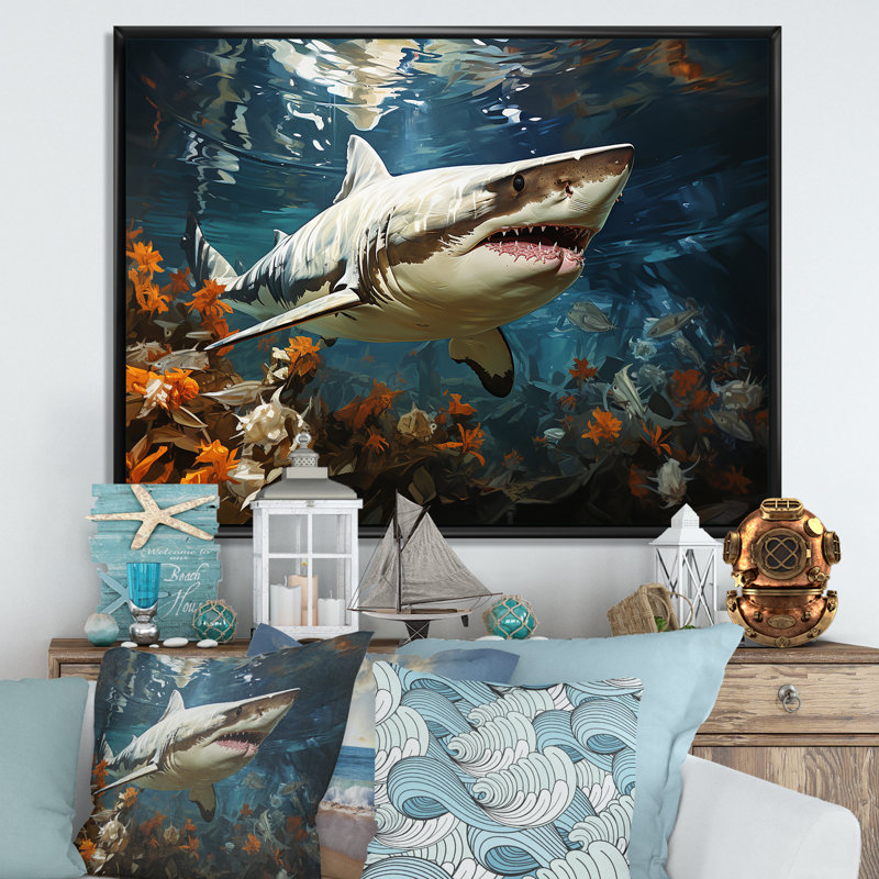 " Shark Ballet Painting ", 30" H x 40" W x 1.5" D, Black Floater Framed