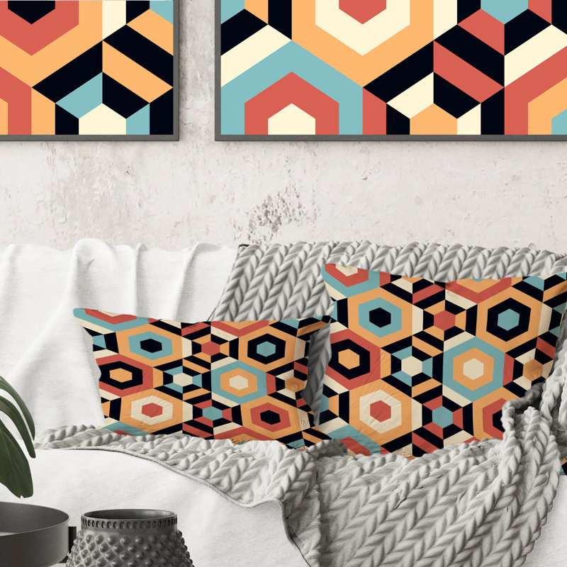 Coussin décoratif rétro à motif géométrique en bleu, noir et orange
