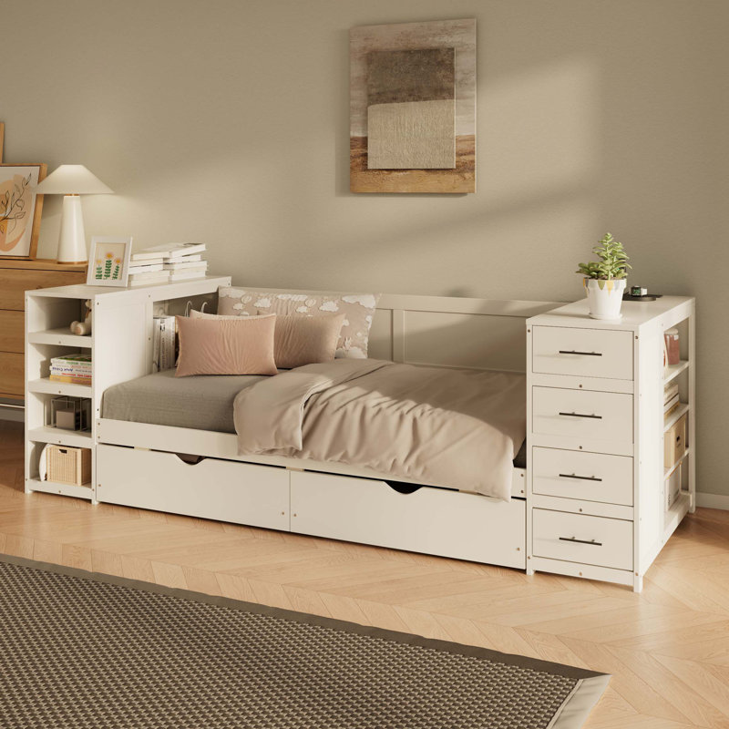 Wooden Daybed With Side Shelves & Drawers, Storage Bed With Multi-Functional Desk And Charging Station