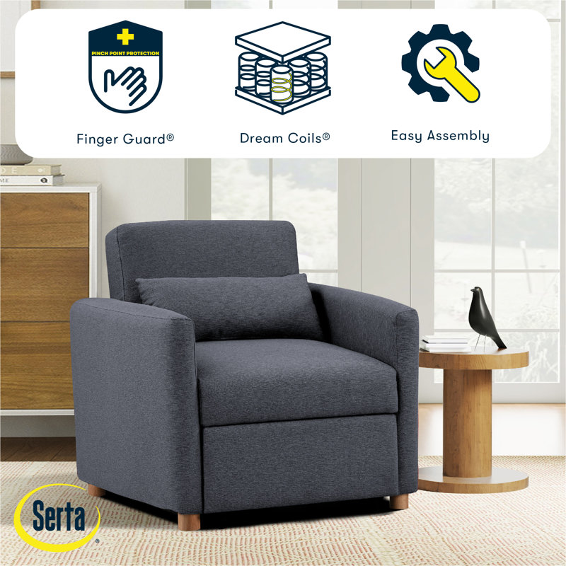 Serta Cooper 36" Convertible Accent Chair w/ Accent Pillow, Dream Coil Comfort, Easy Assembly, Navy Polyester