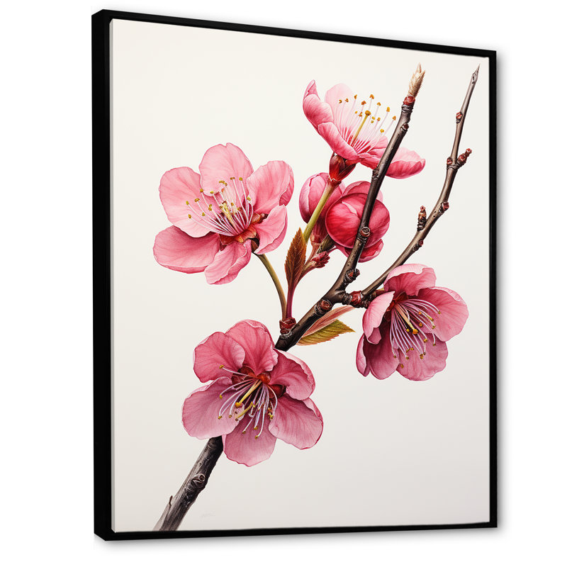 Rose printemps cerises - art mural cerise, Cadre flottant noir, H 20 po x l 12 po x P 1 po