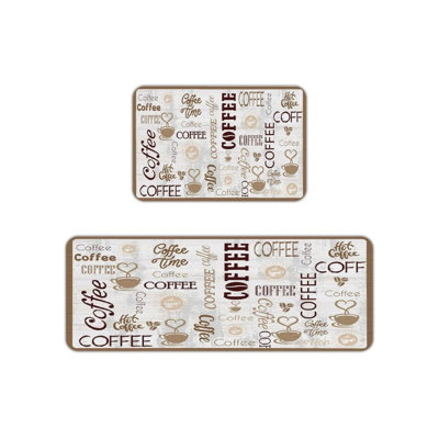 Coffee Typography Print Kitchen Mats for Kitchen & Coffee Nook, Brown Beige 2 Pack