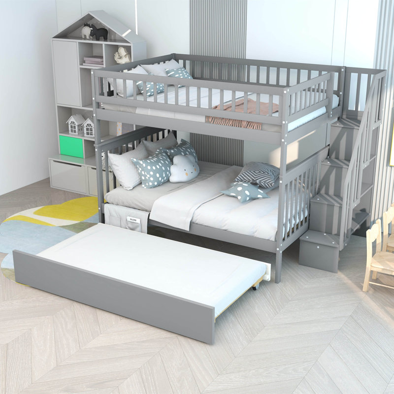 Datril Kids Full Over Full Bunk Bed with Trundle, Gray