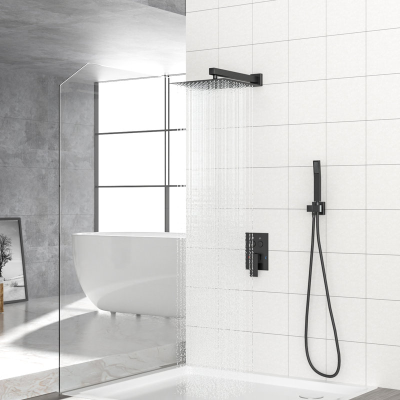 Tête de douche murale carrée double noire matte de 12 pouces avec - valve équilibrée, pomme de pluie ultra-mince, rotation à 360 °, système facile à entretenir, échaudage, réglable, multifonctionnel