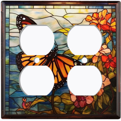 Metal Light Switch Plate Cover; US Standard Size 2 Gang Duplex - Printed Image of Stained Glass Butterfly