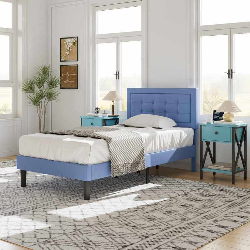Ensemble de chambre à coucher rembourrée 3 pièces, Lit simple, Bleu clair