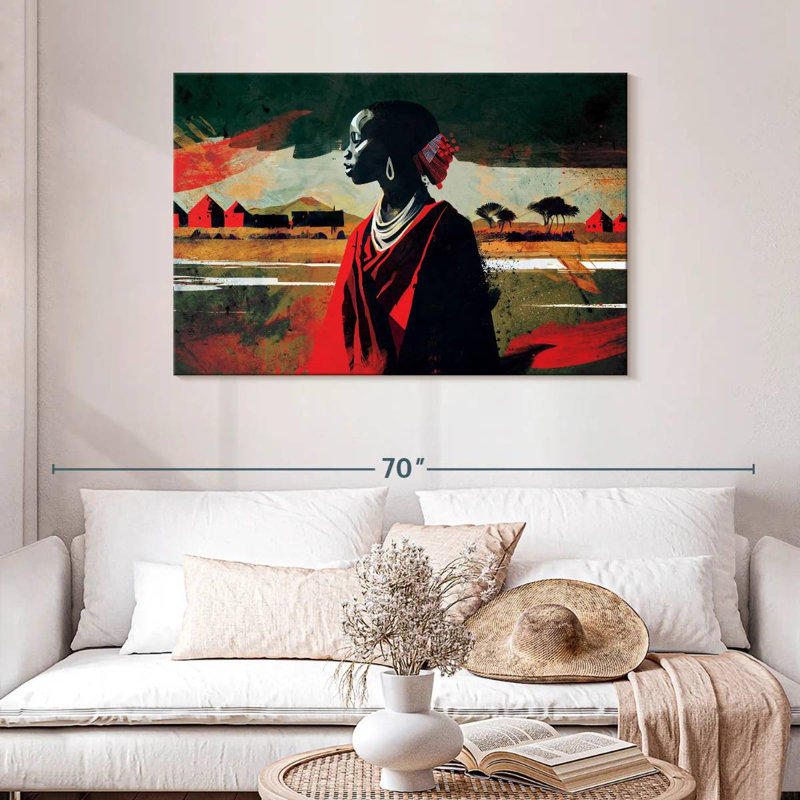 Ethnique africain en rouge sur toile, H 30 po x l 45 po x P 1,25 po
