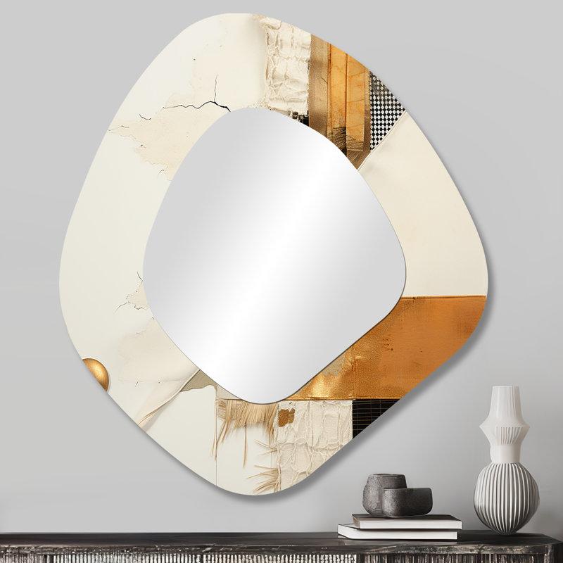 Folcroft gris et or coucher de soleil Collage VI - miroir à forme unique, collage abstrait, 28 po x 25 po
