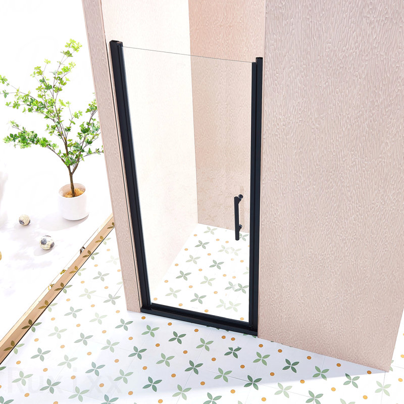 Porte de douche simple à battant - Alliage d'aluminium noir mat, verre trempé transparent de 1/4 po (6 mm) d'épaisseur