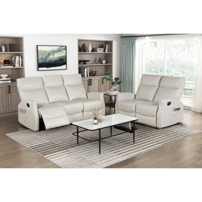 Ensemble de canapé inclinable contemporain 2 pièces beige avec causeuse et poches latérales en similicuir