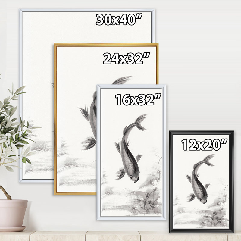 " Monochrome Vintage Fish I " Painting Print, White Framed Canvas, 40" H x 30" W x 1" D