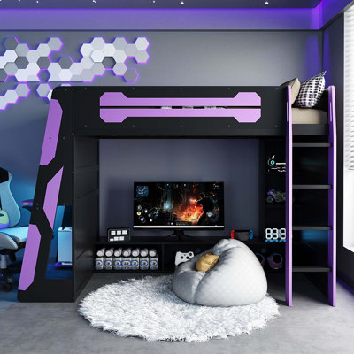 Wood Loft Bed with Integrated Desk and RGB Lighting for Gaming