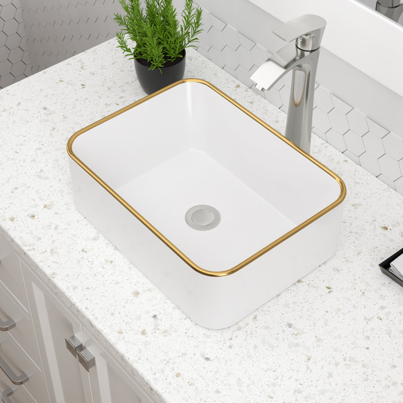 16"X12" White Ceramic Bathroom Vessel Sink Rectangle Bowl Vanity Sink, Gold
