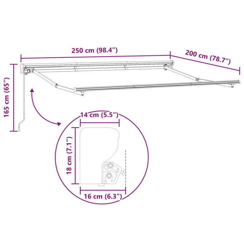 VidaXL Polyester Cover Retractable Patio Awning, Striped, 250cm W x 200cm D, White/Anthracite/Black