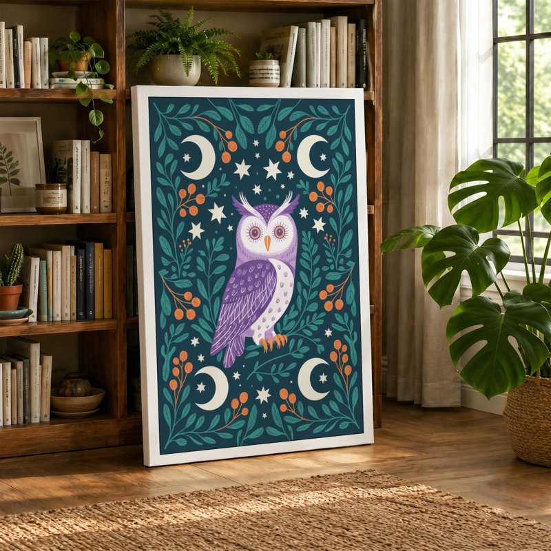 Moonlit Owl with Botanica Boho - Wrapped Canvas, 18x12 - 45.7 x 30.5 cm, Black Border